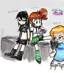  3girls ben_10 ben_tennyson black_eyes black_hair book brown_hair earrings genderswap glasses green_eyes gwendolyn_tennyson kevin_ethan_levin looking_at_viewer multiple_girls omnitrix orange_hair ponytail sukaponta text tongue tongue_out translation_request 