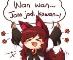  &gt;_&lt; +++ 1girl :3 :d animal_ears blush blush_stickers brown_hair closed_eyes dress imaizumi_kagerou long_hair malay open_mouth outstretched_arms smile solo spread_arms tail touhou translation_request upper_body wolf_ears wolf_tail wool_(miwol) x3 