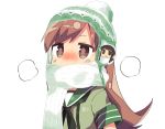  1girl black_hair brown_eyes brown_hair covered_mouth hat jitome kanikama kantai_collection kitakami_(kantai_collection) long_hair lowres ooi_(kantai_collection) scarf solo 