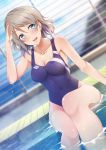  1girl absurdres blue_eyes competition_swimsuit dutch_angle grey_hair highres love_live! love_live!_sunshine!! lzl_j one-piece_swimsuit poolside salute short_hair sitting swimsuit watanabe_you water 