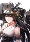  1girl bangs black_hair breasts commentary_request detached_sleeves fusou_(kantai_collection) hachimaki hair_ornament hairband headband kantai_collection large_breasts looking_at_viewer nakano_haito nontraditional_miko open_mouth red_eyes rigging sketch smile upper_body white_background 