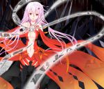  1girl bare_shoulders black_legwear breasts center_opening chro-kyi cleavage detached_sleeves elbow_gloves fingerless_gloves gloves guilty_crown hair_ornament highres long_hair looking_at_viewer navel open_mouth pink_hair red_eyes smile solo twintails yuzuriha_inori 