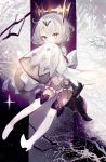 1girl bare_shoulders blush boots brown_eyes commentary_request detached_sleeves dress hair_ornament heterochromia highres moemoe3345 original short_hair silver_hair sleeves_past_wrists smile solo thigh-highs thigh_boots violet_eyes white_dress white_legwear wide_sleeves 