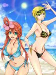  10s 2girls blonde_hair blue_eyes blush breasts fuuro_(pokemon) gym_leader hair_ornament kamitsure_(pokemon) large_breasts long_hair midriff multiple_girls navel open_mouth pokemon pokemon_(game) pokemon_bw redhead smile swimsuit 