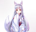  1girl animal_ears character_request copyright_request fox_ears fox_tail japanese_clothes kimono long_hair red_eyes sash silver_hair smile tail uiroutsuji_yumihiko wide_sleeves 