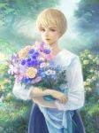  1girl artist_request blonde_hair blue_eyes blue_flower blue_skirt blurry bokeh bouquet commentary_request cowboy_shot crossed_arms dappled_sunlight depth_of_field flower fog forest grass highres holding holding_flower landscape leaf light_smile lips long_sleeves looking_at_viewer meadow nakamitsu nature nose original outdoors plant purple_flower rose shirt short_hair skirt sky sleeves_rolled_up solo standing sunlight tree tree_shade white_flower white_shirt yellow_flower yellow_rose 