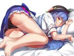 1girl ass bare_legs barefoot bent_knees black_hat black_panties blue_hair blue_skirt breasts feet food fruit hat hinanawi_tenshi large_breasts leaf long_hair looking_at_viewer lying neropaso on_side one_eye_closed panties peach pillow rainbow_order red_eyes shirt short_sleeves skirt solo striped touhou underwear vertical-striped_panties vertical_stripes white_shirt 