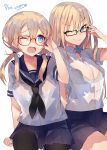  2girls bespectacled bismarck_(kantai_collection) black-framed_eyewear blonde_hair blue_eyes bra breasts cleavage commentary_request dated glasses highres kantai_collection kou_mashiro long_hair low_twintails multiple_girls neckerchief one_eye_closed open_mouth pleated_skirt prinz_eugen_(kantai_collection) red-framed_eyewear school_uniform see-through serafuku shirt signature sitting skirt smile twintails underwear white_bra white_shirt 