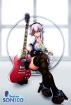  1girl absurdres breasts cleavage electric_guitar guitar headphones high_heels highres instrument large_breasts long_hair looking_at_viewer macaron nitroplus photo_reference pink_eyes pink_hair sitting skydrg smile solo super_sonico thigh-highs 