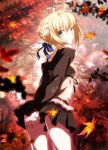  1girl arms_behind_back blonde_hair bow dress fate/hollow_ataraxia fate/stay_night fate_(series) from_behind green_eyes leaves looking_back official_art saber smile solo takeuchi_takashi 