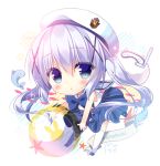  1girl beret blue_eyes blue_hair bow bowtie chibi commentary_request gochuumon_wa_usagi_desu_ka? hair_ornament hairclip hat kafuu_chino long_hair looking_at_viewer pinstripe_pattern sasai_saji school_uniform serafuku solo x_hair_ornament 