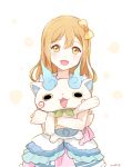  1girl blush bow brown_eyes brown_hair hair_ornament kimi_no_kokoro_wa_kagayaiteru_kai? komasan kunikida_hanamaru love_live! love_live!_sunshine!! mei_(maysroom) simple_background skirt smile tiara trait_connection yellow_bow youkai_watch 