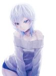  1girl anastasia_(idolmaster) bare_shoulders blue_eyes collarbone colored_eyelashes hair_between_eyes highres idolmaster idolmaster_cinderella_girls leaning_forward lips o223 off-shoulder_shirt off_shoulder parted_lips ribbed_sweater shirt short_hair silver_hair solo sweater upper_body 