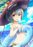  1girl absurdres animal_ears bikini blue_bikini blue_sky blush clouds cloudy_sky collarbone cowboy_shot day flower frilled_bikini frills grey_hair hat highres innertube looking_at_viewer mouse_ears mouse_tail navel nazrin nogisaka_kushio nose_blush outdoors palm_tree popsicle red_eyes short_hair sky solo standing summer sun_hat swimsuit tail touhou tree 