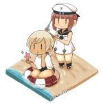  2girls alternate_hair_length alternate_hairstyle blue_eyes brown_hair capriccyo chibi comb commentary_request dress hat kantai_collection lifebuoy multiple_girls ro-500_(kantai_collection) sailor_dress sailor_hat scissors twitter_username z3_max_schultz_(kantai_collection) 