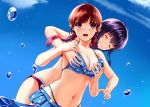  2girls :d ^_^ bikini bikini_skirt blue_bikini blue_sky blush breast_grab breasts brown_hair cleavage closed_eyes cowboy_shot day dutch_angle frilled_bikini frills grabbing grin hashima_izumi highres hyoudou_michiru mizuki_(mizuki_ame) multiple_girls navel open_mouth polka_dot polka_dot_bikini purple_bikini purple_hair red_eyes saenai_heroine_no_sodatekata sky smile stomach summer swimsuit thighs yuri 