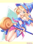  1girl aqua_eyes artist_name bare_legs bare_shoulders blonde_hair boots breasts cleavage dark_magician_girl duel_monster female hat long_hair magical_girl one_eye_closed smile solo tongue tongue_out wink wizard_hat yu-gi-oh! yuu-gi-ou_duel_monsters 