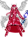  1girl armor armored_dress artist_request gauntlets greaves hair_between_eyes helmet multiple_wings overlord_(maruyama) red_eyes shalltear_bloodfallen shoulder_armor simple_background solo weapon white_hair wings 