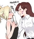 2girls bare_shoulders blonde_hair blue_eyes blush brown_eyes brown_hair buttons clipboard collarbone collared_shirt covering_mouth d.va_(overwatch) facepaint facial_mark full-face_blush giji-p hair_ornament hair_tie hand_on_another&#039;s_back hands_up holding korean long_hair mercy_(overwatch) multiple_girls open_mouth overwatch ponytail shirt simple_background sweatdrop tank_top upper_body whisker_markings white_background white_shirt yuri 