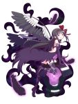  1girl akemi_homura akuma_homura argyle argyle_legwear bare_shoulders black_dress black_feathers black_hair black_wings bow dark_orb_(madoka_magica) dress elbow_gloves feathered_wings gecchu gloves hair_bow heart highres long_hair looking_at_viewer mahou_shoujo_madoka_magica mahou_shoujo_madoka_magica_movie parted_lips simple_background solo thigh-highs violet_eyes white_background wings 