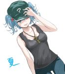  1girl bare_shoulders blue_eyes blue_hair breasts collarbone cowboy_shot denim hair_bobbles hair_ornament hand_on_headwear hat highres jeans jewelry kashiwada_kiiho kawashiro_nitori key key_necklace necklace one_eye_closed open_mouth pants short_twintails shy simple_background smile solo tank_top touhou twintails two_side_up white_background 
