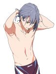  1boy adjusting_hair grey_hair groin high_speed! looking_at_viewer male_focus male_swimwear megumi-square navel older rubber_band serizawa_nao simple_background smile solo swimwear tying_hair white_background yellow_eyes 