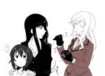  ? ^_^ black_gloves black_hair black_jacket closed_eyes coat collarbone girls_und_panzer gloves grabbing hands_on_another&#039;s_shoulders jacket long_hair long_sleeves mimuni362 mother_and_daughter motion_lines nishizumi_maho nishizumi_shiho red_coat red_skirt shimada_chiyo shirt short_hair skirt smile spoken_question_mark sweat t-shirt translation_request white_shirt 