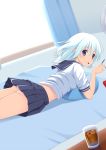  1girl ass back blue_eyes blue_hair cup drinking_glass flat_ass looking_at_viewer lying mijinko_(rioriorio) miniskirt no_panties on_stomach original pillow pleated_skirt pocky school_uniform serafuku skirt smile solo 