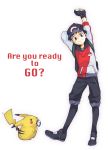  10s 1boy ? baseball_cap black_hair blush fingerless_gloves gloves hat highres male_protagonist_(pokemon_go) pantyhose pikachu pokemon pokemon_(creature) pokemon_(game) pokemon_go simple_background white_background yellowking_hiro 