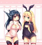  2girls absurdres arm_at_side bangs black_hair black_panties black_sweater blonde_hair bottomless breast_suppress breasts cleavage cleavage_cutout cowboy_shot d: eye_contact eyebrows eyebrows_visible_through_hair gluteal_fold green_eyes hair_between_eyes headband headgear highres kantai_collection large_breasts legs_apart long_hair long_sleeves looking_at_another multiple_girls nagato_(kantai_collection) open-chest_sweater open_mouth panties parted_lips polka_dot red_eyes ribbed_sweater shade shimakaze_(kantai_collection) sleeves_past_wrists small_breasts striped striped_legwear surprised sweater tamo-chan tamomoko thigh-highs triangle_mouth turtleneck underwear white_sweater 