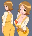  1girl ass breasts brown_eyes brown_hair cleavage grey_background happinesscharge_precure! highres large_breasts looking_at_viewer md5_mismatch medium_breasts oomori_yuuko overalls precure red-p short_hair simple_background smile solo wide_hips 