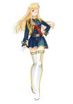  1girl absurdres ahoge aiguillette alternate_costume blonde_hair blue_eyes boots doku_kobuko epaulettes flower glasses gloves hair_flower hair_ornament hand_on_hip highres hood_(zhan_jian_shao_nyu) long_hair looking_at_viewer military military_uniform one_eye_closed red-framed_eyewear sash semi-rimless_glasses simple_background skirt smile solo thigh-highs thigh_boots under-rim_glasses uniform white_background white_boots white_gloves zhan_jian_shao_nyu 