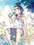  1boy black_hair blue_eyes child clenched_hand clouds drinking hair_tie icym jewelry long_hair looking_up male_focus necklace nihongou_(touken_ranbu) ramune sitting sky solo tank_top touken_ranbu tree younger 