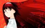  00s 1girl blue_eyes expressionless floating_hair from_side hairband hand_on_own_chest leaf long_hair looking_at_viewer mike156 portrait profile redhead shirt solo tohno_akiha tsukihime very_long_hair white_hairband white_shirt wind wind_lift 