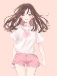  1girl a_nz bangs brown_eyes brown_hair bunny_print casual cowboy_shot d.va_(overwatch) eyebrows eyebrows_visible_through_hair facepaint facial_mark gym_shorts long_hair looking_at_viewer one_eye_closed overwatch parted_lips pink_shorts shirt short_sleeves shorts simple_background smile solo sparkle t-shirt teeth whisker_markings white_shirt 