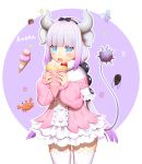  1girl blue_eyes cream cream_on_face crepe dragon_girl dragon_horns dragon_tail eating food food_on_face highres holding horns ice_cream_cone kanna_kamui kobayashi-san_chi_no_maidragon lavender_hair looking_at_viewer low_twintails open_mouth solo tail thigh-highs twintails white_legwear y.i._(lave2217) zettai_ryouiki 