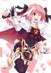  1boy black_legwear braid cape fang fate/apocrypha fate_(series) garter_straps hair_ribbon highres lingsexuanlv long_hair looking_at_viewer one_eye_closed open_mouth pink_hair ribbon rider_of_black single_braid smile solo thigh-highs trap violet_eyes 