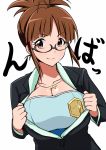  1girl akizuki_ritsuko breasts folded_ponytail glasses highres idolmaster jabara_tornado large_breasts ponytail smile undressing 