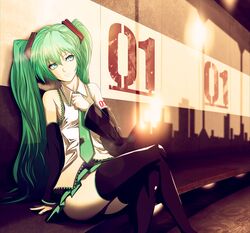  1girl adjusting_clothes adjusting_necktie arm_support black_legwear detached_sleeves green_eyes green_hair hatsune_miku highres infinote legs_crossed necktie solo tattoo thigh-highs thighs twintails vocaloid 