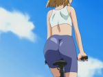  1boy androgynous animated animated_gif ass bicycle bike_shorts blonde_hair boku_no_pico crop_top from_behind jiggle lowres pico screencap shiny shirt short_hair shota skin_tight stitched trap white_shirt 