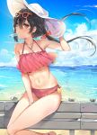  1girl adjusting_clothes adjusting_hat beach bikini black_hair blush bow bracelet collarbone cozyquilt food_in_mouth glasses_on_head hair_bow hat jewelry looking_at_viewer love_live! love_live!_school_idol_project navel necklace pink_bikini popsicle red_bow red_eyes sitting_on_railing solo swimsuit twintails white_hat yazawa_nico yuran_(cozyquilt) 