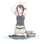  1girl 2016 armpits arms_up artist_name black_hair blue_eyes cowboy_shot dated hair_flaps hayasui_(kantai_collection) kantai_collection kawashina_(momen_silicon) looking_at_viewer machinery midriff navel one_eye_closed partially_submerged shorts skirt skirt_pull solo tank_top undressing water white_background 