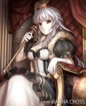  1girl breasts brown_eyes cleavage copyright_name dress elbow_gloves gloves holding keible long_hair looking_at_viewer ragna_cross silver_hair sitting solo staff watermark white_gloves 
