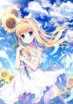  1girl air blonde_hair blue_eyes choker dress flower highres kamio_misuzu key_(company) mauve outdoors ponytail solo sunflower wind 