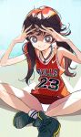  1girl amiami basketball_uniform bright_pupils brown_hair derivative_work female indian_style long_hair looking_at_viewer low_twintails nike original panties pantyshot_(sitting) sitting smile solo spread_legs thighs tied_hair twintails underwear white_panties 