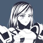  1girl armor atobesakunolove bangs blue_background bodysuit braid brown_hair eye_of_horus eyebrows eyebrows_visible_through_hair facial_mark facial_tattoo hair_tubes limited_palette long_hair monochrome overwatch pauldrons pharah_(overwatch) portrait power_armor power_suit shoulder_pads side_braids simple_background solo spot_color tattoo upper_body 