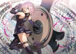  1girl :d armor armored_boots ass boots breasts elbow_gloves fate/grand_order fate_(series) from_behind gloves hair_over_one_eye high_heels holding lavender_hair leg_up looking_back naro0427 open_mouth shield shielder_(fate/grand_order) short_hair smile solo thigh_strap violet_eyes 