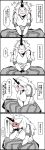  1girl 4koma :d ^_^ blush closed_eyes comic covering_mouth cuffs embarrassed eyebrows eyebrows_visible_through_hair full-face_blush greyscale gym_shirt hand_on_own_face highres horn hoshiguma_yuugi long_hair looking_at_viewer looking_away monochrome oni open_mouth shirt sitting smile solo spot_color sweat toriburi touhou translated 