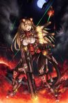  blonde_hair breasts cyborg explosion fire glowing highres ichiban_renga laser mecha_musume moon night one_eye_closed open_mouth original scar tail weapon yellow_eyes 