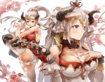  1girl aliza_(granblue_fantasy) armor armored_boots boots breasts cleavage cleavage_cutout crown doraf earrings forehead_protector granblue_fantasy hand_on_breast himuro_(dobu_no_hotori) horns jewelry kicking large_breasts leg_up long_hair mini_crown multiple_views panties pointy_ears ponytail red_eyes silver_hair thigh-highs underwear 